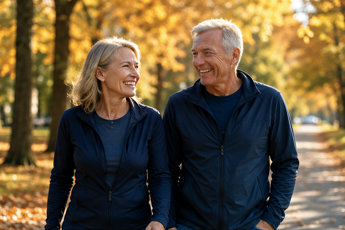 A couple walking together outdoors.